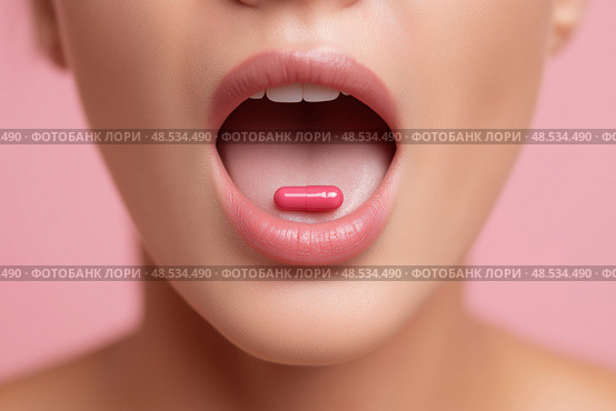 Woman Taking a Pill, Close-Up of Medication Routine. Женщина принимает таблетку, крупный план. Стоковое AI-изображение, AI-художник Katsiaryna Repich / Фотобанк Лори
