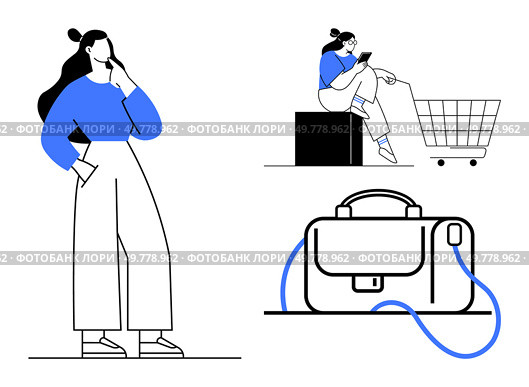Woman thinking with hand on chin, person using smartphone near shopping cart, and briefcase. Ideal for lifestyle, shopping, business, productivity, technology, decision making, daily activities. Line. Woman Pondering, Shopping with Cart, and Business Briefcase Highlighting Modern Lifestyle. Стоковая иллюстрация, агентство Ingram Publishing / Фотобанк Лори