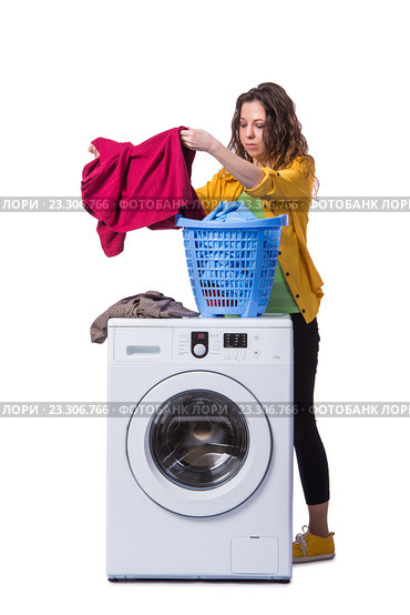 Woman tired after doing laundry isolated on white. Стоковое фото, фотограф Elnur / Фотобанк Лори