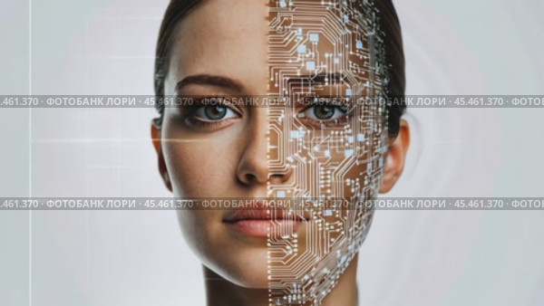 Woman transforming with digital circuitry appearing on face. Стоковое AI-видео, аниматор Юрий Поздников / Фотобанк Лори