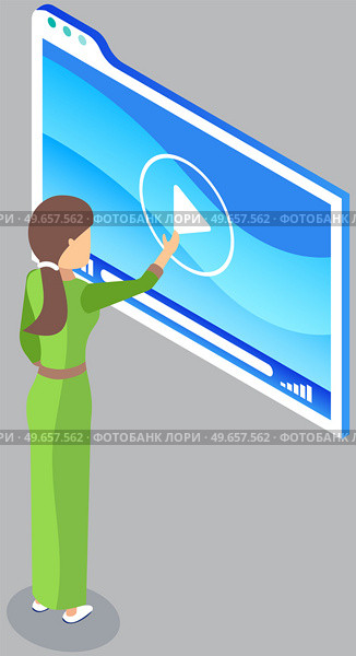 Woman turns on video player to view lesson. Application for watching movie, digital information video. Female character selects video on virtual screen, watching online tutorial, playback via internet. Female character selects video on virtual screen, watching online tutorial, playback via internet. Стоковая иллюстрация, агентство Ingram Publishing / Фотобанк Лори