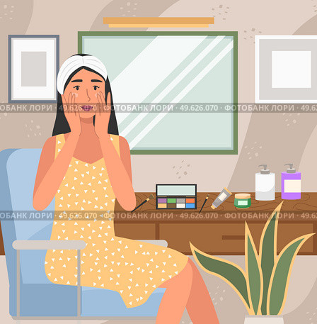 Woman using cosmetic cleansing gel to prepare the skin for makeup. Girl is doing morning routine. Female applying skin care product. Persona applies makeup base on her face vector illustration. Woman using cosmetic cleansing gel to prepare the skin for makeup. Girl is doing morning routine. Стоковая иллюстрация, агентство Ingram Publishing / Фотобанк Лори
