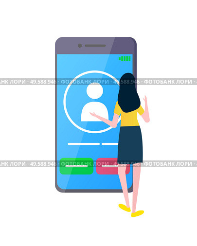 Woman using phone tapping screen vector, lady with smartphone and monitor showing user profile and buttons of rejection and accept isolated flat style. Mobile Phone with Incoming Call and User Woman. Стоковая иллюстрация, агентство Ingram Publishing / Фотобанк Лори