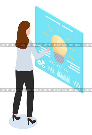 Woman using touchscreen, lamp bulb, office worker at high heels customize settings at screen, new idea concept, touch digital board, tuning, isometric 3d illustration in flat style, cartoon character. Woman using touchscreen, lamp bulb, office worker at high heels customize settings at screen. Стоковая иллюстрация, агентство Ingram Publishing / Фотобанк Лори