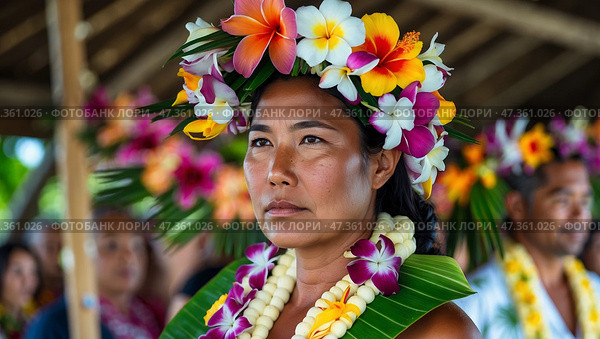 Woman wearing a flower crown participates in a cultural ceremony in a tropical setting. Стоковое AI-изображение, AI-художник Сергей Толмачёв / Фотобанк Лори
