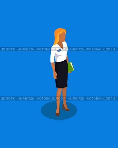 Woman wearing blouse and skirt classy style of secretary. Lady holding book document in hands. Blonde person intelligent worker buinsesslady vector. Woman Wearing Blouse and Skirt Vector illustration. Стоковая иллюстрация, агентство Ingram Publishing / Фотобанк Лори