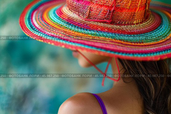 Woman wearing colorful raffia sun hat enjoying summer vacation. Стоковое AI-изображение, AI-художник Иван Рябоконь / Фотобанк Лори