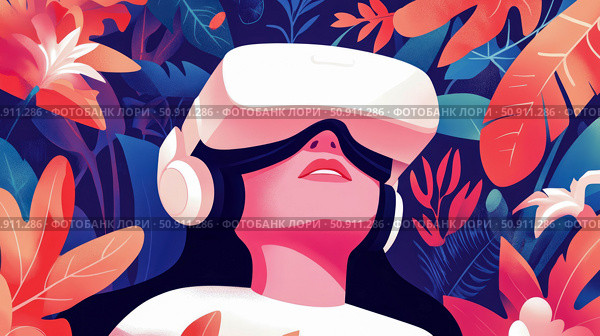 Woman with a VR headset surrounded by tropical foliage, creating a sense of immersion in a vibrant artificial environment. Стоковое AI-изображение, AI-художник Данила Большаков / Фотобанк Лори