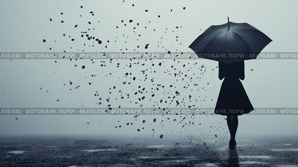 Woman with an umbrella walking in rain, with petals swirling around her. Женщина с зонтиком идет под дождем, лепестки кружатся вокруг нее. Стоковое AI-изображение, AI-художник Katsiaryna Repich / Фотобанк Лори