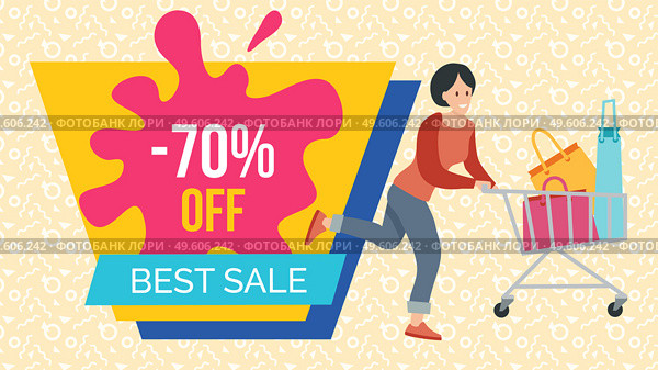 Woman with bags for purchases in the shopping cart. Promotion of sales and discounts in the shop. A girl with packages in her hands is rushing to the store for shopping. Sale advertising on background. Promotion of sales and discounts. Woman with bags for purchases in the shopping cart rushing to shop. Стоковая иллюстрация, агентство Ingram Publishing / Фотобанк Лори