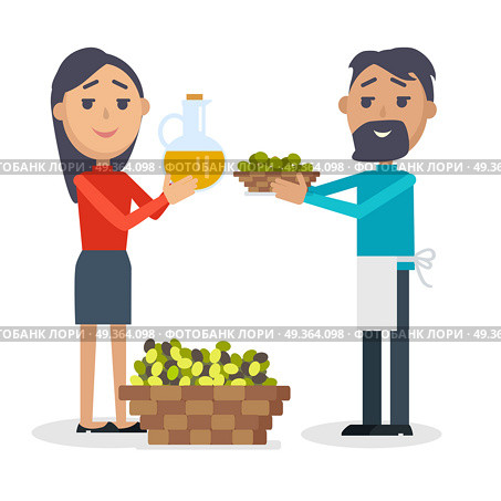 Woman with Bottle of Olive Oil, Man with Olives. Woman with bottle of olive oil, man with plate of olives isolated. Basket full of olives. Seller propose olives at Spain festival. Flat style design. Best price. Holiday event. Vector illustration. Стоковая иллюстрация, агентство Ingram Publishing / Фотобанк Лори