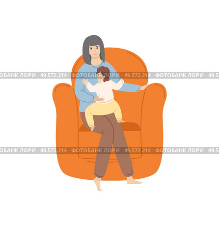 Woman with child, mother and kid toddler spending evening together, lady with kiddo sitting on comfortable and fluffy armchair family isolated. Vector illustration in flat cartoon style. Woman Sitting on Armchair with Toddler Kid Vector. Стоковая иллюстрация, агентство Ingram Publishing / Фотобанк Лори