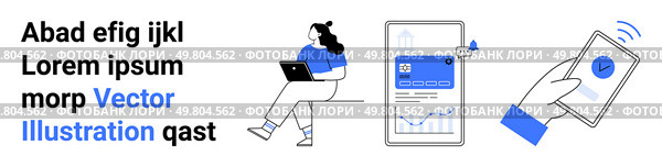Woman with laptop, smartphone showing checkmark, tablet displaying graphs and analytics symbols. Ideal for remote work, productivity, technology, mobile apps, notifications, data visualization. Woman Working on Laptop, Smartphone with Checkmark, Tablet Displaying Graphs and Analytics. Стоковая иллюстрация, агентство Ingram Publishing / Фотобанк Лори