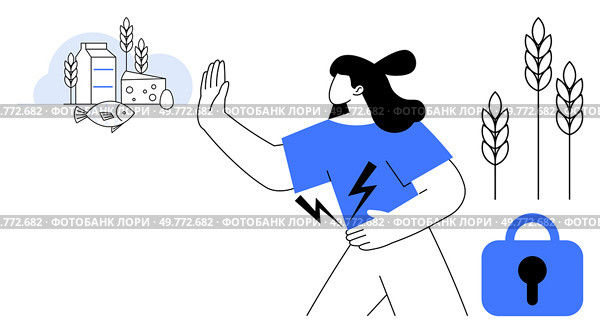 Woman with lightning bolts on her shirt holds her hand up to reject food allergens like milk fish and cheese. Icons of secure food and wheat ears surround her. Ideal for dietary awareness food. Woman Rejecting Food Allergens with Secure Food Elements and Wheat Ears. Стоковая иллюстрация, агентство Ingram Publishing / Фотобанк Лори