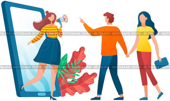 Woman with loudspeaker attracts people. Advertising and promotion business scene. Marketing strategy to attract potential customers. Motivation to visit site, make purchase. Product presentation. Woman with loudspeaker peeks out of phone attracts people. Advertising and promotion business scene. Стоковая иллюстрация, агентство Ingram Publishing / Фотобанк Лори