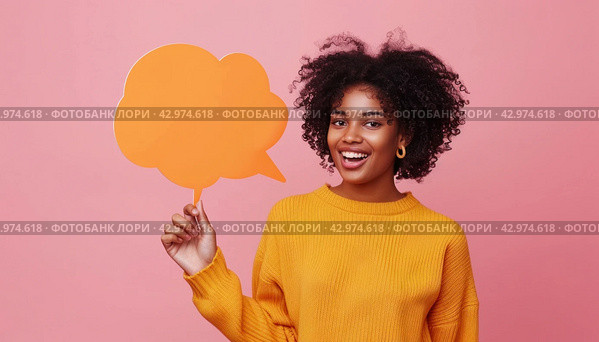Woman with magenta hair smiling, holding orange speech bubble in fun gesture. Стоковое AI-изображение, AI-художник Юрий Поздников / Фотобанк Лори