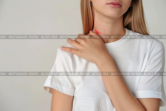 Woman with pain in shoulder, upper arm. Human body health problem banner. Female person is enduring awful ache. Upset lady with muscle, nerve pain symptoms holding a hand on painful zone injured point. Стоковое AI-изображение, AI-художник Марина Демидюк / Фотобанк Лори