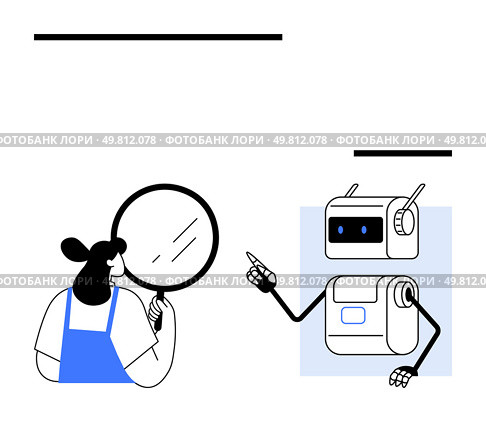 Woman with ponytail, blue apron holding magnifying glass black and white robot pointing. Ideal for technology, communication, AI, teamwork, research, innovation, analysis. Line metaphor. Human and Robot Collaboration with Magnifying Glass Emphasizing Technology and Communication. Стоковая иллюстрация, агентство Ingram Publishing / Фотобанк Лори