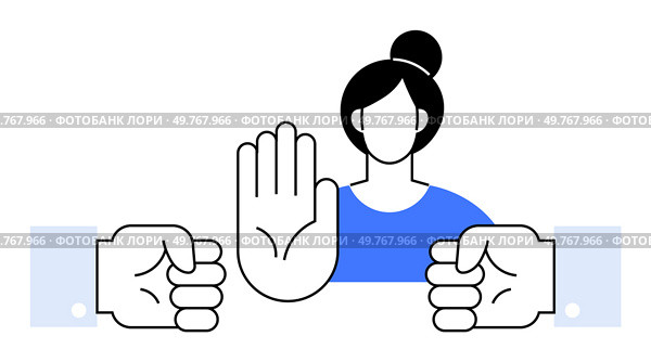 Woman with raised hand stops two fists. Ideal for conflict resolution, peace, anti-bullying, non-violence, assertiveness. Simple, bold style.. Woman Raising Her Hand to Stop Two Fists, Refusing Conflict. Стоковая иллюстрация, агентство Ingram Publishing / Фотобанк Лори