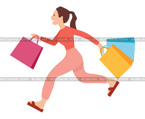 Woman with shopping bags in her hands is running after purchases. Young beautiful fashion shopper girl isolated on white background. Sale advertising. Female character running fast with packages. Woman with shopping bags in her hands. Young fashion shopper girl isolated on white background. Стоковая иллюстрация, агентство Ingram Publishing / Фотобанк Лори
