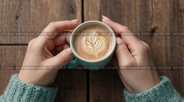 Woman's hands holding a mug of warm coffee. Стоковое AI-изображение, AI-художник Boris Vasilenko / Фотобанк Лори