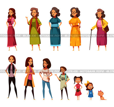 Women generation flat colored icons set of all age categories from infancy to maturity isolated cartoon vector illustration.  Women Generation Decorative Icons Set . Стоковая иллюстрация, агентство Ingram Publishing / Фотобанк Лори