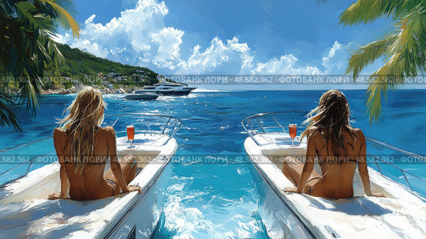 Women sunbathe on boats while sipping tropical drinks, surrounded by breathtaking water and a lush, sunny coastline. Стоковое AI-изображение, AI-художник Данила Большаков / Фотобанк Лори