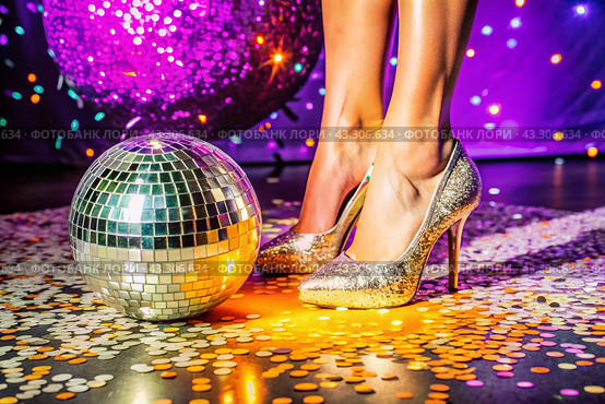 Women's legs in luxurious shiny pumps with heels at a party or disco on the background of a silver mirrored disco ball. The queen of the dance floor. Стоковое AI-изображение, AI-художник Photojuli / Фотобанк Лори