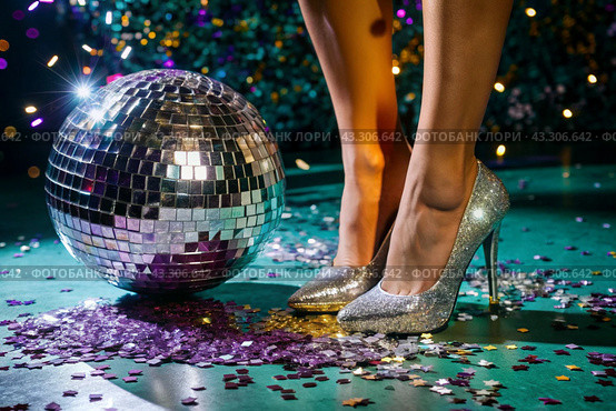 Women's legs in luxurious shiny pumps with heels at a party or disco on the background of a silver mirrored disco ball. The queen of the dance floor. Стоковое AI-изображение, AI-художник Photojuli / Фотобанк Лори