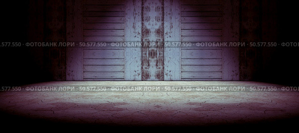 Wood door and cracked floor background. Floor and wall background. Стоковое фото, агентство Ingram Publishing / Фотобанк Лори