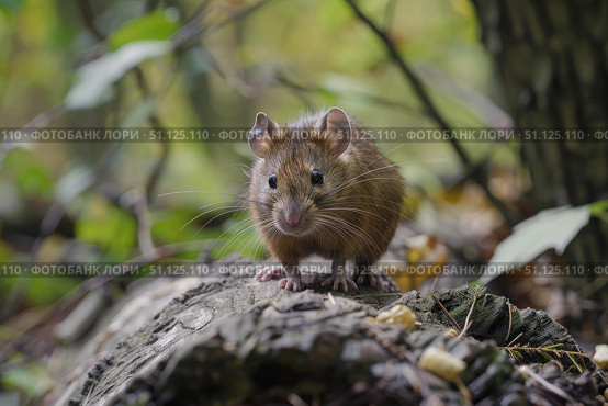 Wood mouse exploring fallen tree trunk in forest. Стоковое AI-изображение, AI-художник Иван Рябоконь / Фотобанк Лори