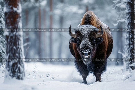 Wooded Bison snow forest. Generate Ai. Стоковое AI-изображение, AI-художник Иван Рябоконь / Фотобанк Лори