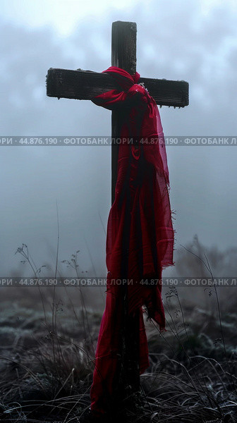 Wooden cross with red fabric in foggy background, concept of spirituality. Стоковое AI-изображение, AI-художник Анастасия Золотницкая / Фотобанк Лори