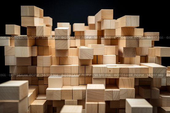 Wooden cubes creating an abstract pixelated landscape on black background. Стоковое AI-изображение, AI-художник Иван Рябоконь / Фотобанк Лори