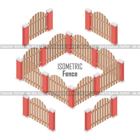 Wooden Fence Isolated on White with Columns.. Wooden fence isolated on white. Gates and fences in flat style design. Isometric projection. Barrier for countryside yard. Wooden fence with columns. Fence made of wood icon. Vector illustration. Стоковая иллюстрация, агентство Ingram Publishing / Фотобанк Лори