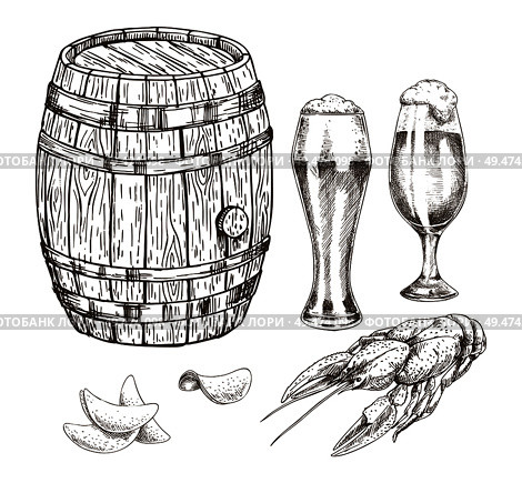 Wooden keg beer goblets and appetizer graphic art, isolated on white backdrop vector illustration of malt in glossy glasses chips and grilled crayfish. Wooden Keg Beer Goblets and Appetizer Graphic Art. Стоковая иллюстрация, агентство Ingram Publishing / Фотобанк Лори