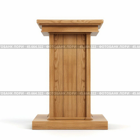 Wooden podium standing on white background representing public speaking. Стоковое AI-изображение, AI-художник Иван Рябоконь / Фотобанк Лори