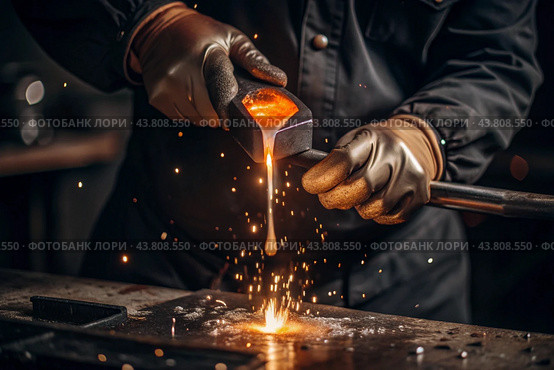 Work at the factory. Working professions. Men's hands in protective gloves with metal. There are sparks around. Hard work that requires high concentration and professionalism. Стоковое AI-изображение, AI-художник Photojuli / Фотобанк Лори