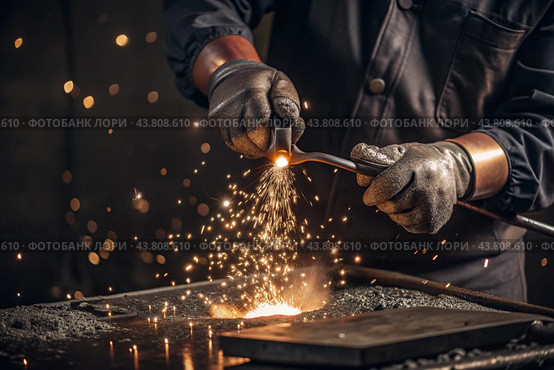 Work at the factory. Working professions. Men's hands in protective gloves with metal. There are sparks around. Hard work that requires high concentration and professionalism. Стоковое AI-изображение, AI-художник Photojuli / Фотобанк Лори