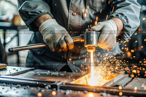 Work at the factory. Working professions. Men's hands in protective gloves with metal. There are sparks around. Hard work that requires high concentration and professionalism. Стоковое AI-изображение, AI-художник Photojuli / Фотобанк Лори