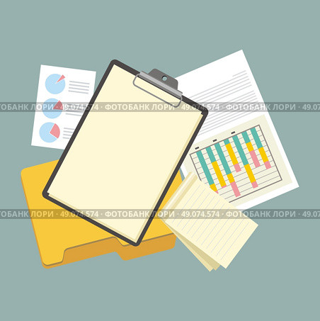 Work table tablet and document design flat. Work and tablet, workplace office, office workplace, business table, workspace place, page view top, creativity worktable, folder and document illustration. Стоковая иллюстрация, агентство Ingram Publishing / Фотобанк Лори