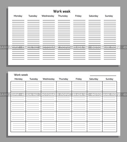 Work week different tables, sheet of paper with day names and empty space below them in order to plan your own time on vector illustration. Work Week Different Tables on Vector Illustration. Стоковая иллюстрация, агентство Ingram Publishing / Фотобанк Лори