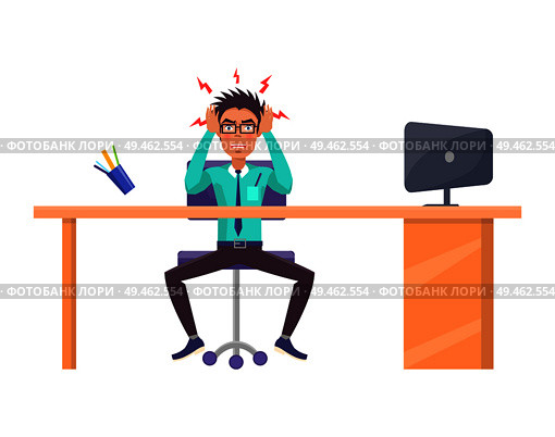 Worker looks tired and angry working at office, unable to solve problems, sitting by table holding head with hands, rage of person vector illustration. Worker Looks Tired and Angry Vector Illustration. Стоковая иллюстрация, агентство Ingram Publishing / Фотобанк Лори