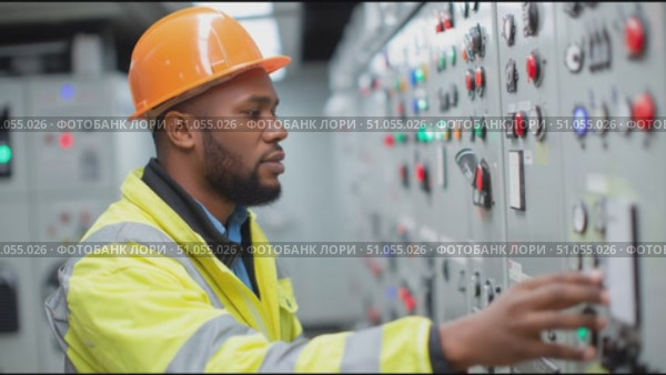 Worker operates control panel at industrial facility during daytime shift in a busy urban area. Стоковое AI-видео, аниматор Сергей Толмачёв / Фотобанк Лори