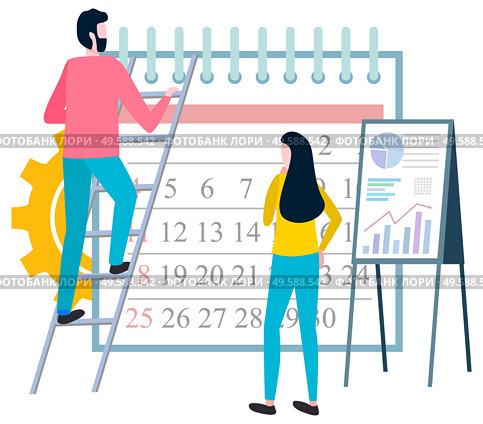 Worker with calendar vector, man and woman organizing work tasks and assignments deadlines. Whiteboard with stats and analysis, male on ladder business. Time Management, Workers Organizing Job Tasks. Стоковая иллюстрация, агентство Ingram Publishing / Фотобанк Лори