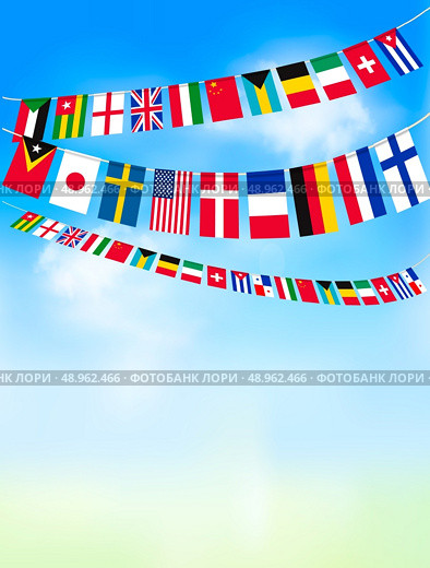 World bunting flags on blue sky. Vector illustration. Стоковая иллюстрация, агентство Ingram Publishing / Фотобанк Лори