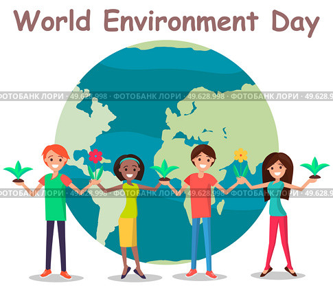 World environment day concept. Multinational people stand around planet with flowers and hold hands. Living chain of cartoon characters taking care about preservation of nature on planet Earth. World environment day concept. Multinational people stand around planet with flowers and hold hands. Стоковая иллюстрация, агентство Ingram Publishing / Фотобанк Лори