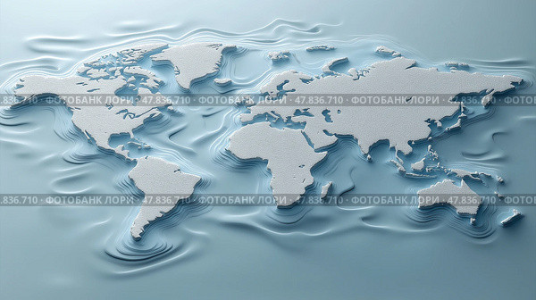 World map design with water surface effect representing global connectivity. Дизайн карты мира с эффектом водной поверхности, символизирующим глобальную взаимосвязь. Стоковое AI-изображение, AI-художник Katsiaryna Repich / Фотобанк Лори