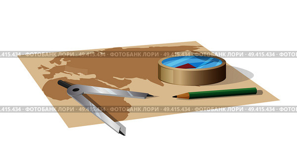World map, metal dividers, glass compass and wooden pencil isolated vector illustration on white background. Geographical distance measurement tools.. World Map and Equipment for Distance Measurement. Стоковая иллюстрация, агентство Ingram Publishing / Фотобанк Лори