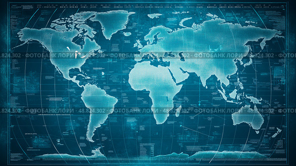 World map with detailed geographic features and grid layout displayed on a vibrant blue background. Стоковое AI-изображение, AI-художник Михаил Коханчиков / Фотобанк Лори